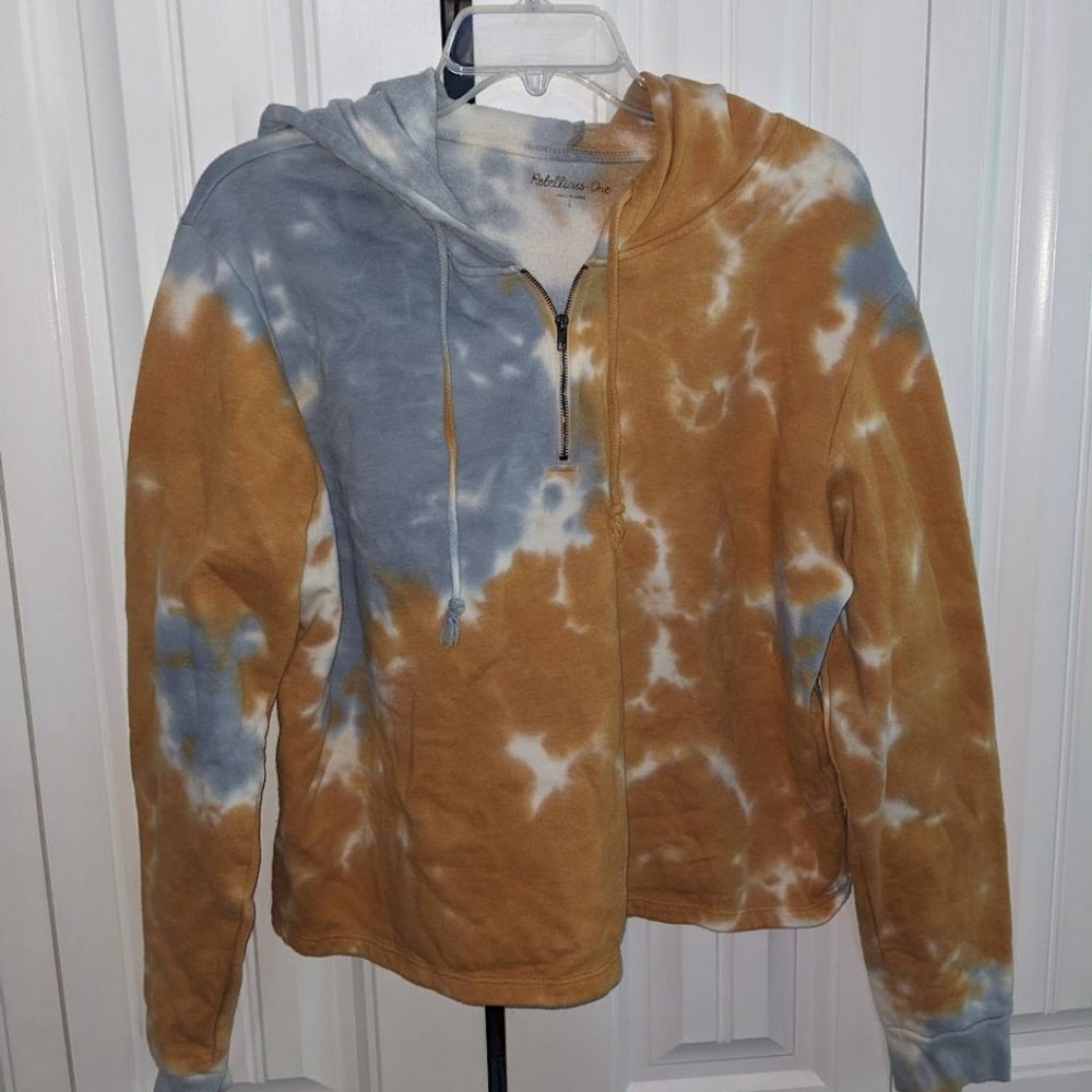 Rebellious One Yellow and Turquoise Tie-Dye Crop Zip Hoodie Juniors L